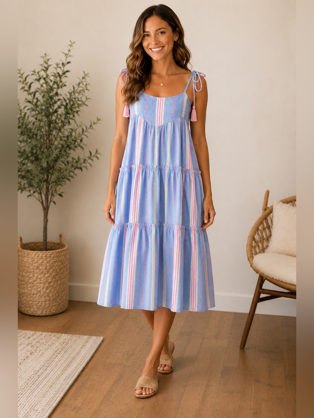 NWT Maisie Striped Tiered Tassel Shoulder Tie Midi Dress Neon Bright Cotton